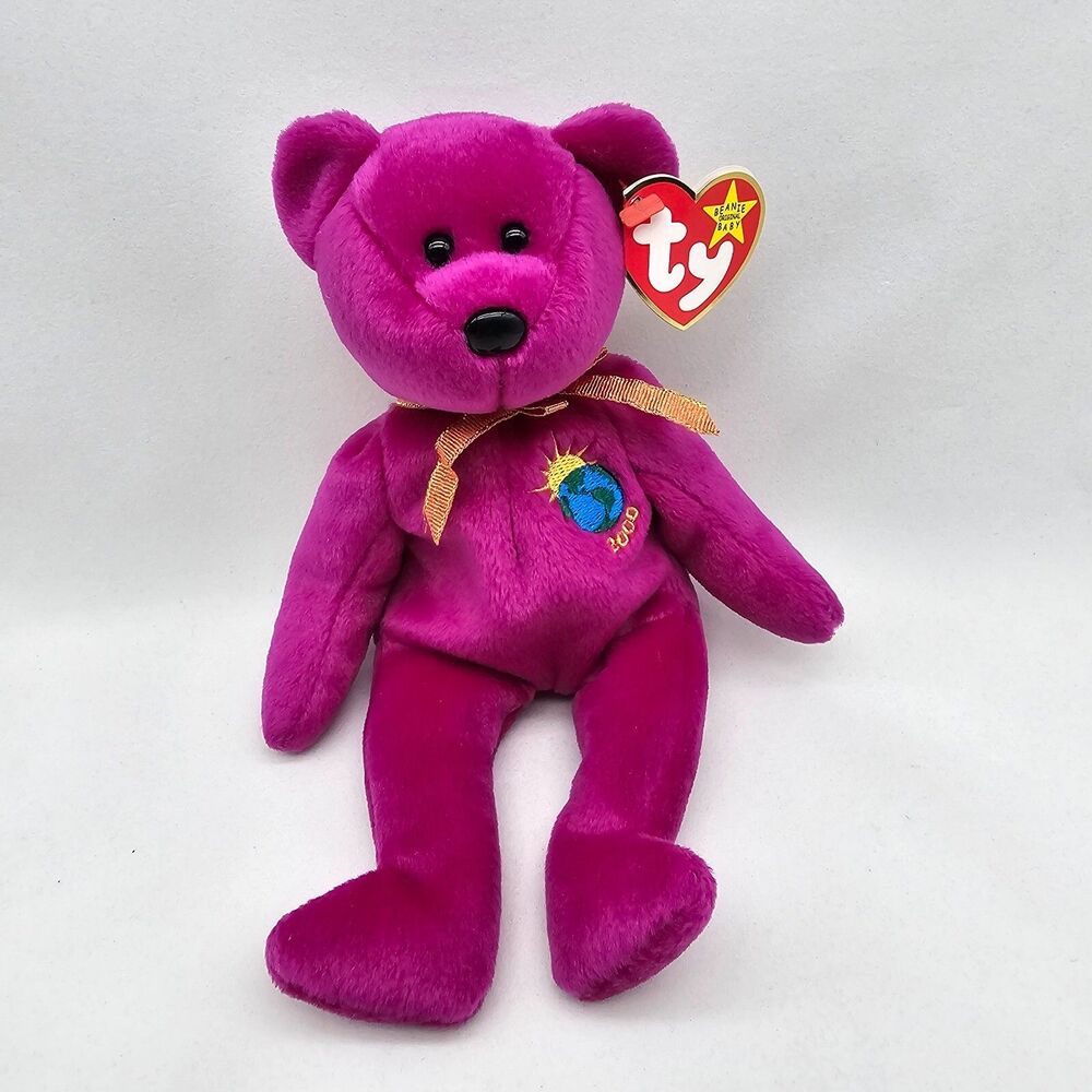 Ty Millennium Beanie Baby Fuchsia Bear with Tags Y2K 2000 Earth Sun Logo Vintage